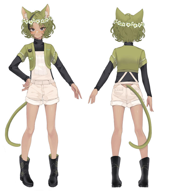 full boday ref sheet of seulerin vtuber. full image is a tanned, tall-ish kemonomimi. they have green hair with on black streak in the bangs, green ears, and green tail. they have a white flower crown on (qingxin flowers from genshin). they are wearing a b